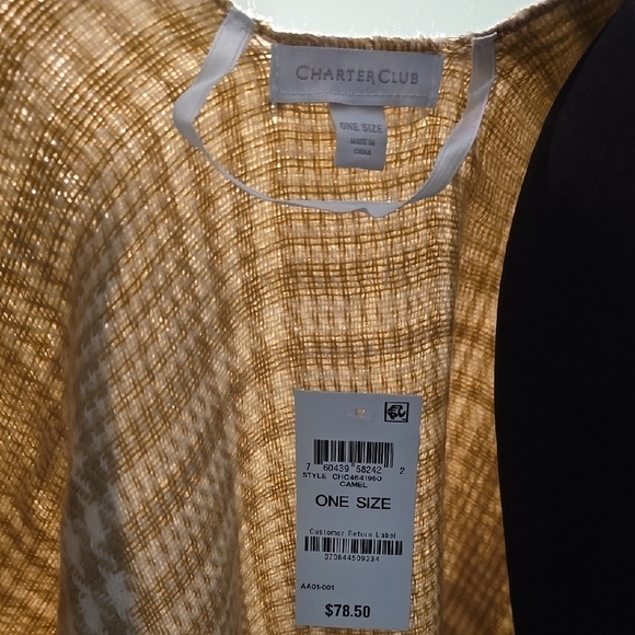 Tan and Cream Plaid Shawl with Fringe - Picture 5 of 5